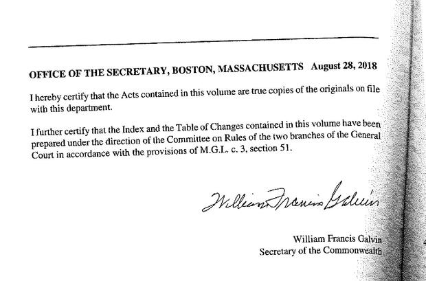 Certification by the Secretary of the Commonwealth that the Index and the Table of Changes in the 2017 volume of the Massachusetts Acts and Resolves were prepared in accordance with the provisions of M.G.L. c. 3, § 51.