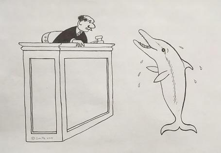 Drawing of a dolphin pleading in front of a judge