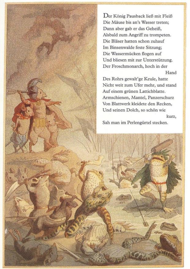Illustration by Fedor Flinser from the German Der Froschmausekrieg, (1878),  by Victor Bluthgen, based on the Batrachomyomachia.