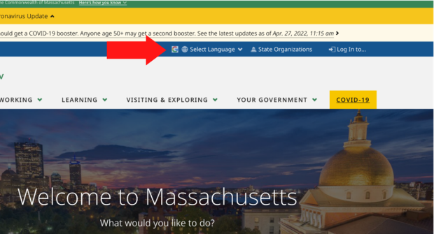 mass.gov website screenshot with red arrow pointing towards the select language button