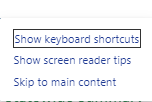 Screenshot of the Power BI report menu (Show keyboard shortcuts, Show screen reader tips, Skip to main content)