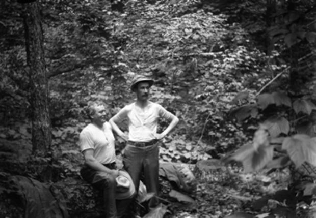 Wachusett Mountain State Reservation Commissioners Harold Parker and John Burnett resting from a hike at Wachusett Mountain SR, 1904