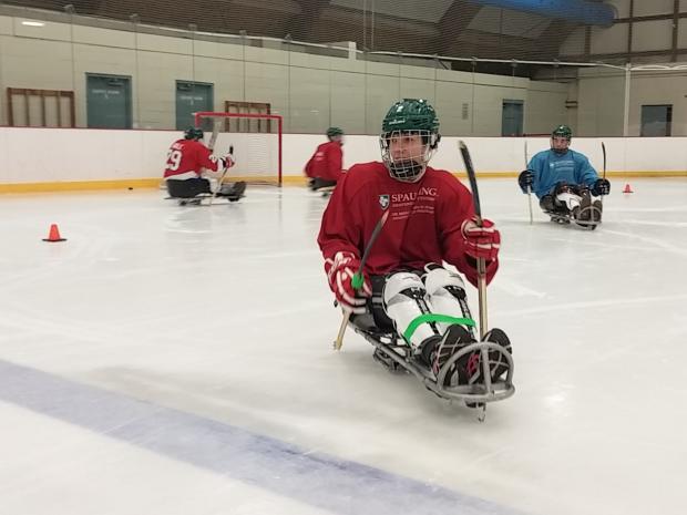 Several sled hockey players are using ice sleds on the ice. The players are wearing helmets and protective gear.