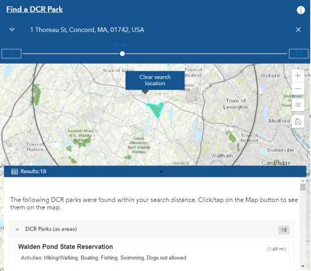 image shows snip of DCR park finder map