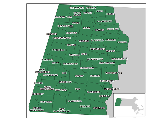 Map of the cities and towns in the Berkshires and Hilltowns Region