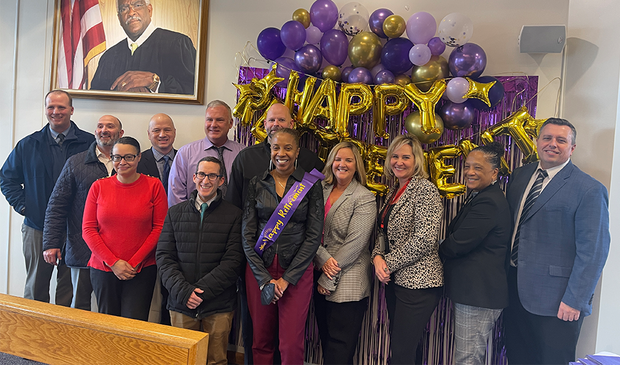 Pictured, from left: Assistant Chief Probation Officers Maria Santos and David Giacalone, retired Regional Supervisor Renee Payne, and Chief Probation Officers Susan Conrad, Kim Gruenberg, Michael Dube, Audrey Banks, and Matthew McDonough.   Second row, from left: First Assistant Chief Probation Officer Christopher Gillis and Chief Probation Officers Brad Mc Nichols, Michael Dube, Jeffrey Jarasitis, and Eric McMullin.