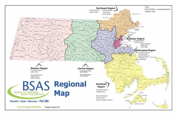 Massachusetts map broken up by regions. The regions are Northeast, Boston, Metrowest, Southeast, Central, and Western. This is the BSAS Regional Map