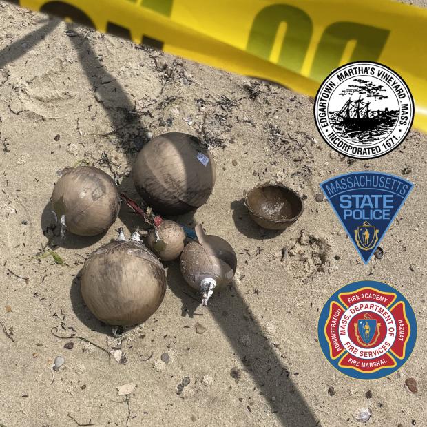 Photo of unexploded fireworks with Edgartown, State Police, and DFS logos
