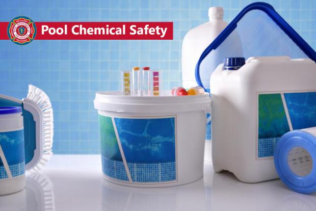 A picture of swimming pool chemicals with the words "Pool chemical safety"