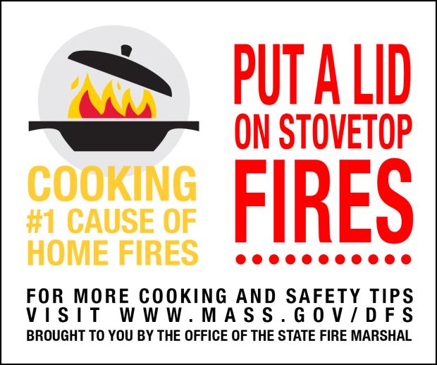 Graphic with the words "put a lid on stovetop fires"