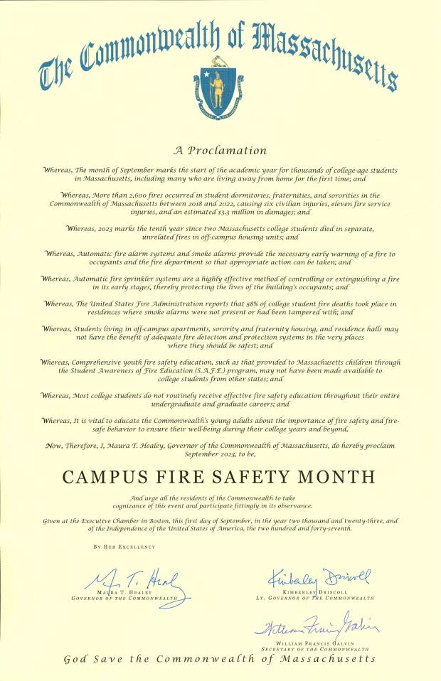 A proclamation from Governor Maura Healey declaring September Campus Fire Safety Mont
