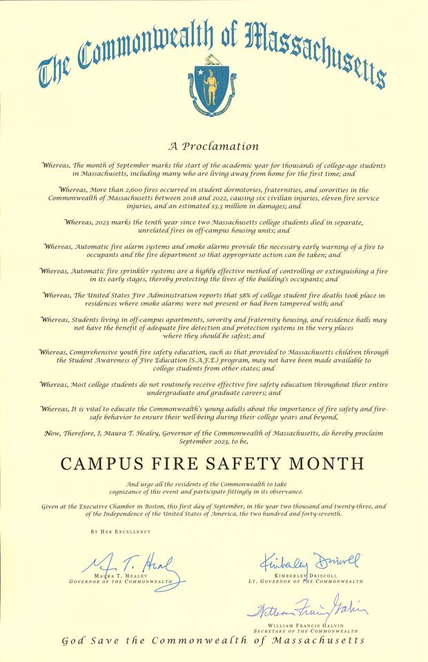 A proclamation from Governor Maura Healey declaring September Campus Fire Safety Mont