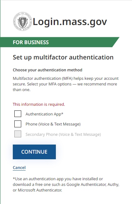 Example picture of setting up a multifactor authentication in Unemployment Services for Employers.