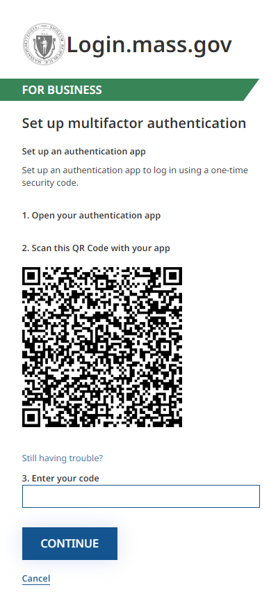 Example picture of setting up a multifactor authentication in Unemployment Services for Employers.