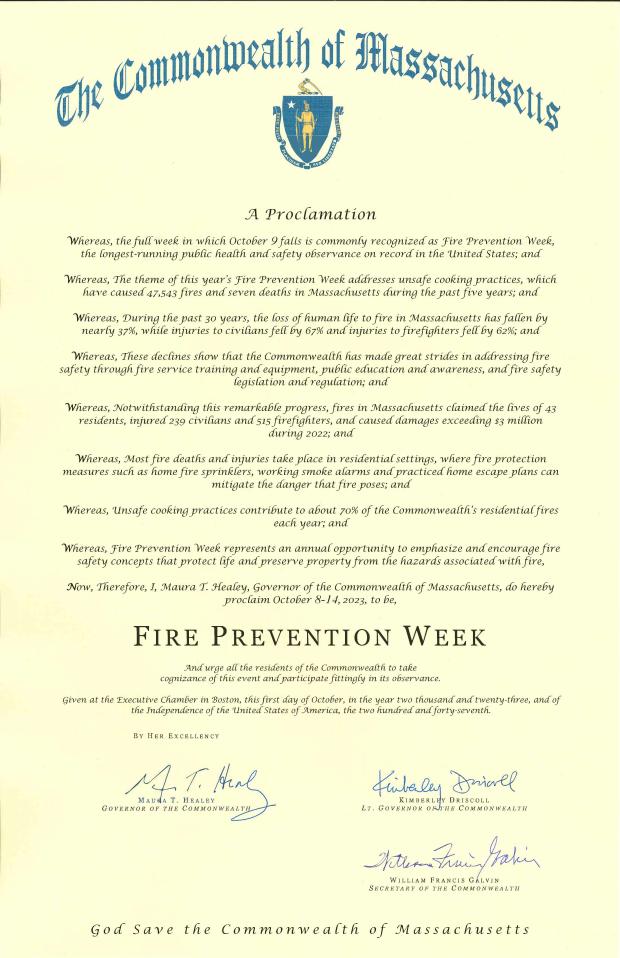 Picture of a proclamation from Gov. Maura Healey declaring Fire Prevention Week in Massachusetts