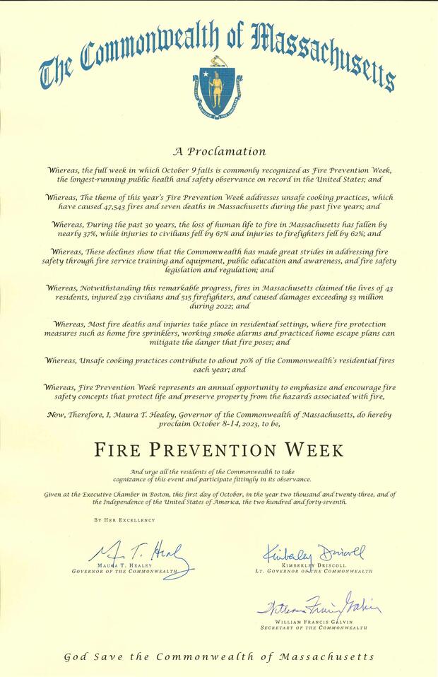 Picture of a proclamation from Gov. Maura Healey declaring Fire Prevention Week in Massachusetts