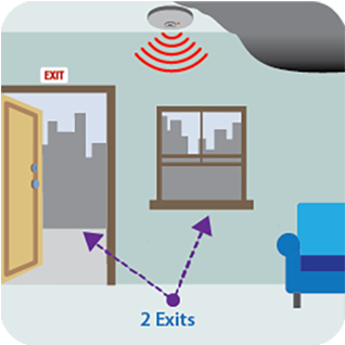 Smoke alarm sounding and smoke filling room with arrows pointing to two exits. 