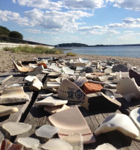 Ceramic pieces are commonly found on Spectacle Island and visitors leave them on picnic tables for all to enjoy.