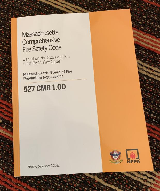 Photo of a bound edition of the Massachusetts Comprehensive Fire Safety Code