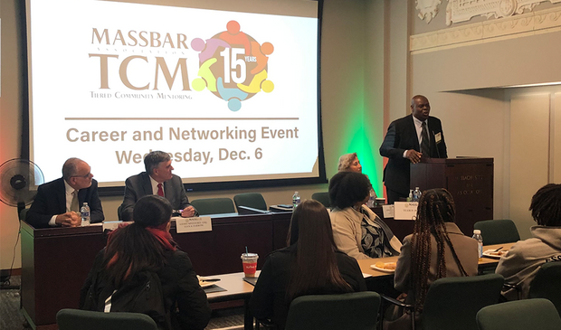 Probation Commissioner Pamerson Ifill and panelists, left to right: Hon. David Weingarten, Geoffrey E. Spofford of Lian Zarrow Attorneys, Worcester, and Hon. Angela M. Ordoñez. 