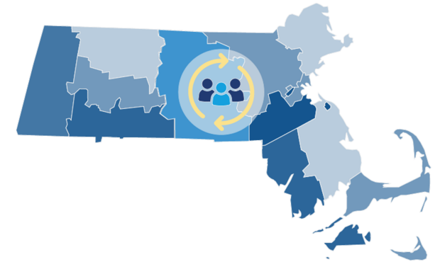 An illustration contains a map of Massachusetts and people as a community.