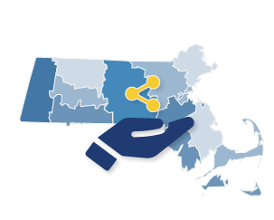 An illustration contains a map of Massachusetts and an icon to show we share resources in Massachusetts.
