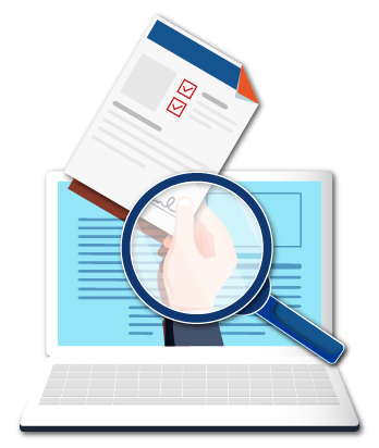 An illustration to show a a magnifier and a laptop to file an online complaint.
