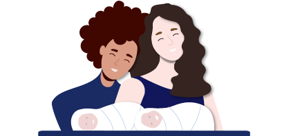 An illustration shows a smiling couple watching their healthy newborn twins sleep.