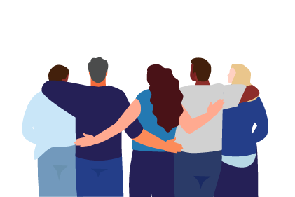 An illustration shows a rear view of five friends hugging and showing support to each other.