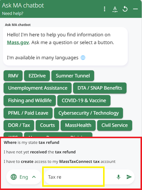 screenshot of chatbot making auto suggestions