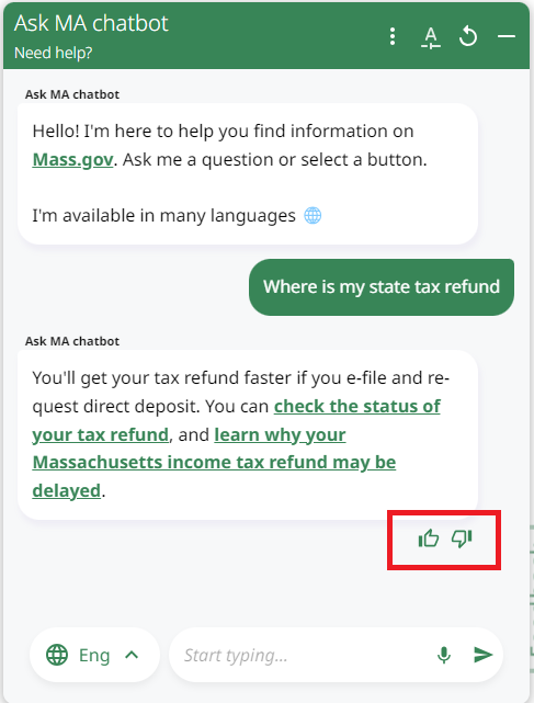 screenshot of chatbot feedback icons