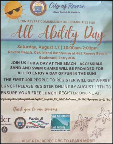 Flyer for event; sand and floating beach wheelchairs will be provided
