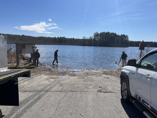 paved boat ramp at Baddacook Pond with kiosk