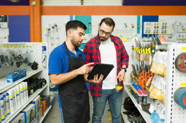 Two men in hardware store