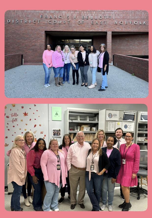Two photos, both of people dressing in pink.
