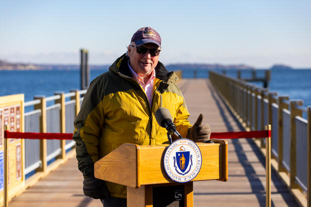 Mike Armstrong speaking at the opening ceremony of the Salem Willows Fishing Pier.