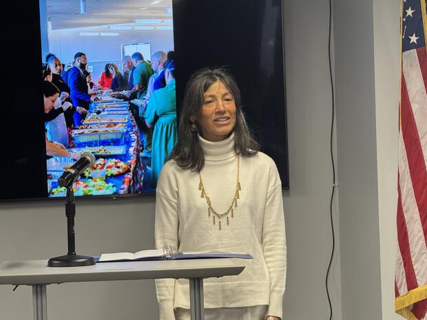 A woman stands in front of a television displaying a slideshow of images.