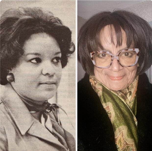 Side-by-side images of a woman, one older black-and-white, one recent in color, both showing her with distinct hairstyles and clothing.