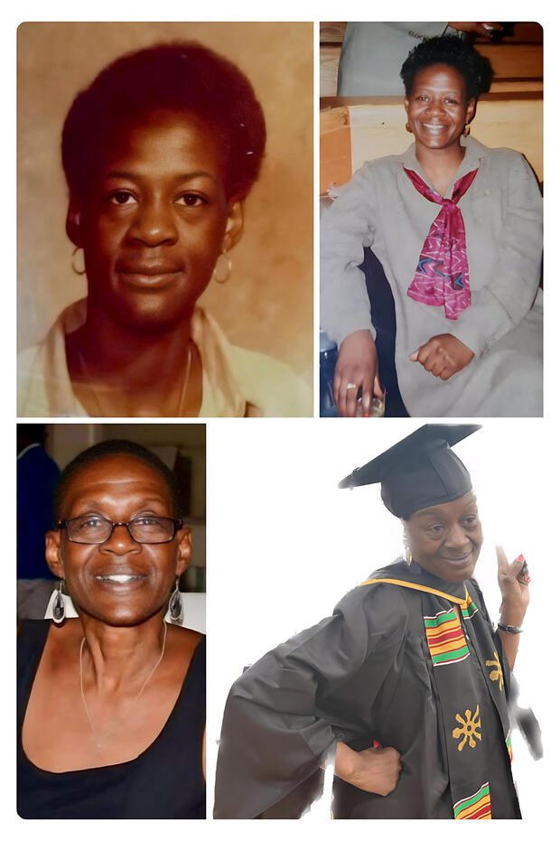 A collage of four photos showing a woman at different life stages, including a portrait, casual setting, wearing glasses, and in graduation attire.