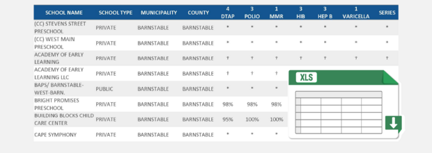 A snapshot of the School Immunization Data excel data report