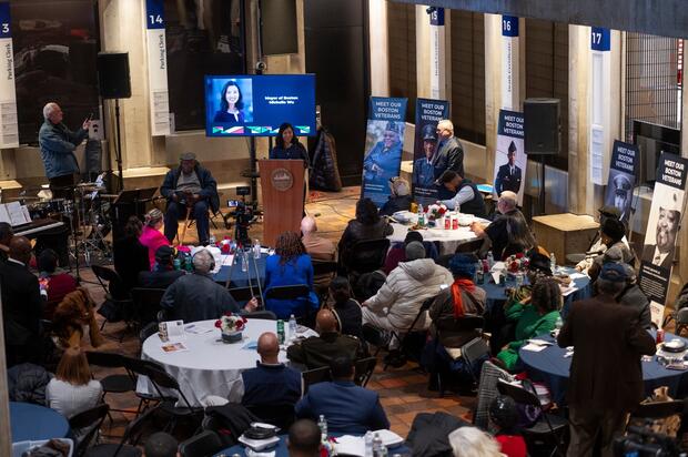 Boston Mayor Michelle Wu giving a speech 
