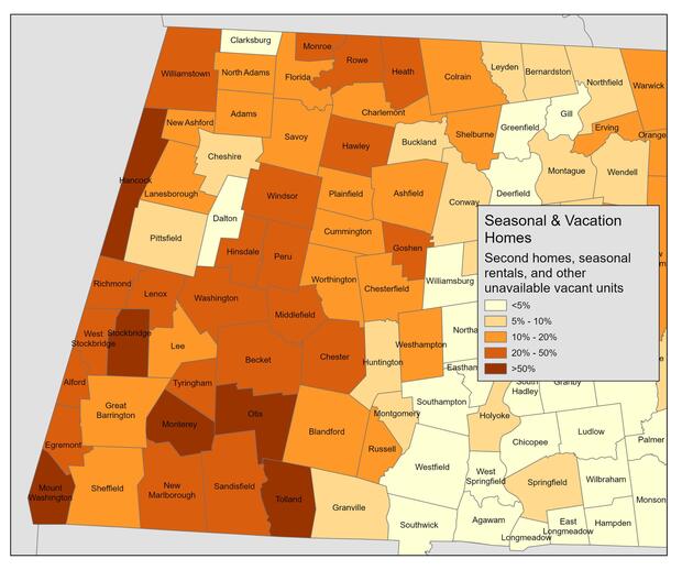 Map of Berkshire county municipalities shaded by the percent of homes that are vacant for seasonal or occasional use.