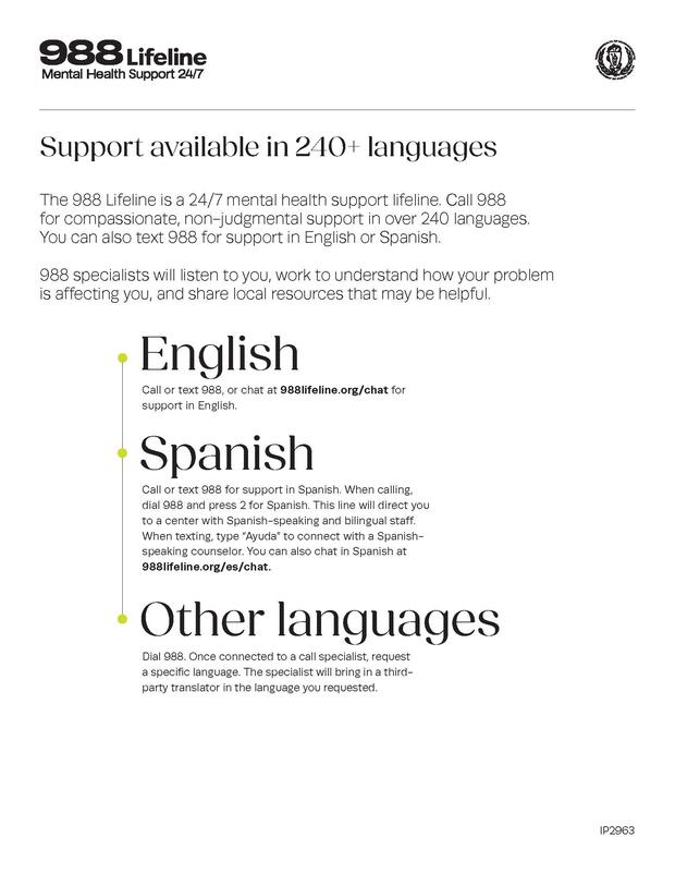 Preview of 988 Lifeline translation service guide