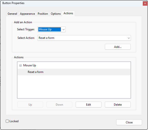 Screenshot of the button properties window with the actions tab selected