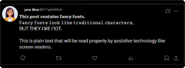 A social post containing fancy fonts that look like plain text but are not.