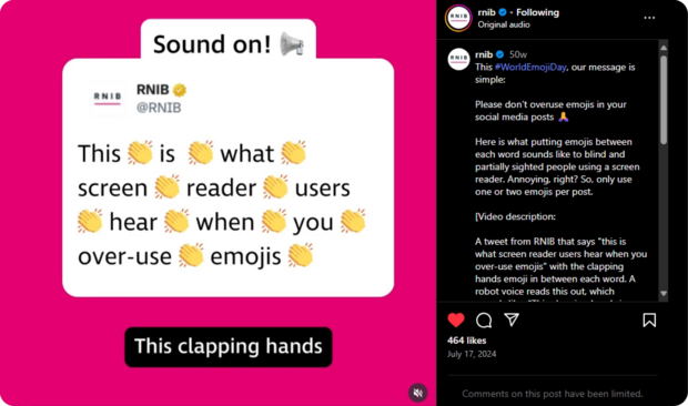 Screenshot of an Instagram Reel from RNIB showing hand clapping emoji in between words on the screen.