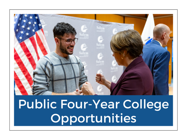 Button showing Governor Maura Healey speaking with a smiling student at Salem State University with American and Massachusetts flags in the background. The text on the button reads: "Public Four-Year College Opportunities."
