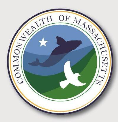 A submission for the Massachusetts Seal - A whale and a bird in front of a blue and green background. Around them, the words "Commonwealth of Massachusetts."