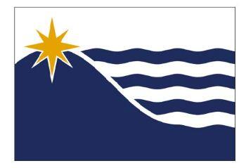 A submission for the Massachusetts flag: A blue hill shape is located on the left side of the flag, with blue and white waves on its right side. A gold 8-pointed star sits atop the blue hill.