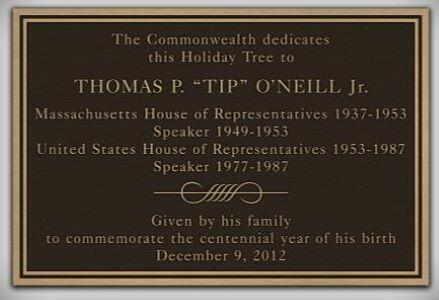 A brass plaque dedicating the State House holiday tree to Edward "Tip" O'Neill Jr.